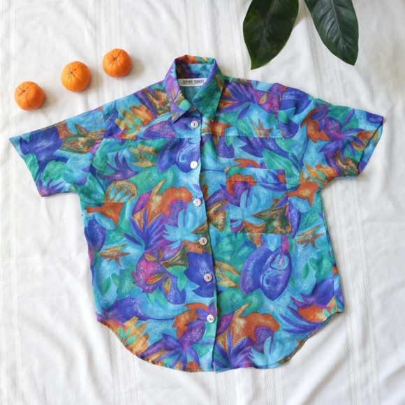 Funky blue sheer button down blouse - Picture 1 of 8